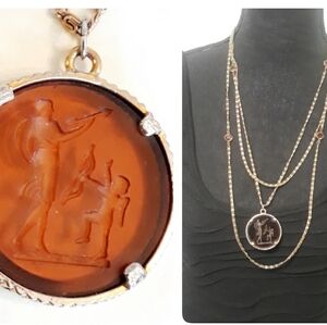 Vintage Goldette NY Intaglio Amber Glass Venus + Cupid Pendant Necklace